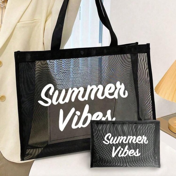 Handbags - 2 Piece Set Black Mesh Summer Vibes Tote Bag + Cosmetic Bag